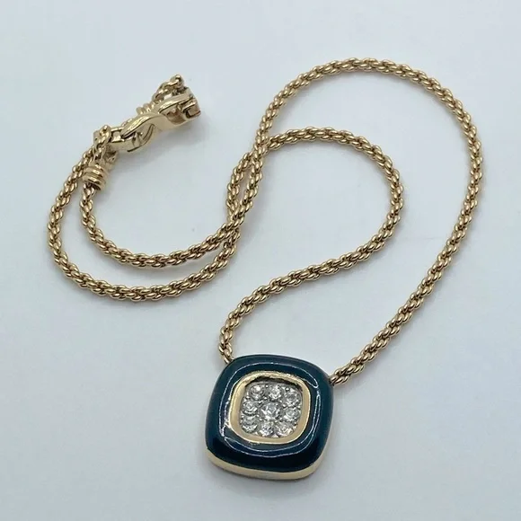 vtg Nina Ricci Black Enamel Rhinestone Square Pendant Gold Tone Necklace 17” - Picture 3 of 8